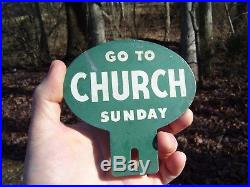 Original vintage 40s GO TO CHURCH SUNDAY license plate topper gm auto part bomba